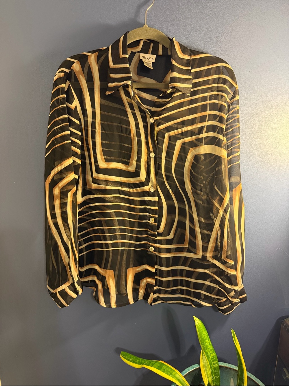 NICOLA Black and Gold Geometric Sheer Button-Down Shirt Large